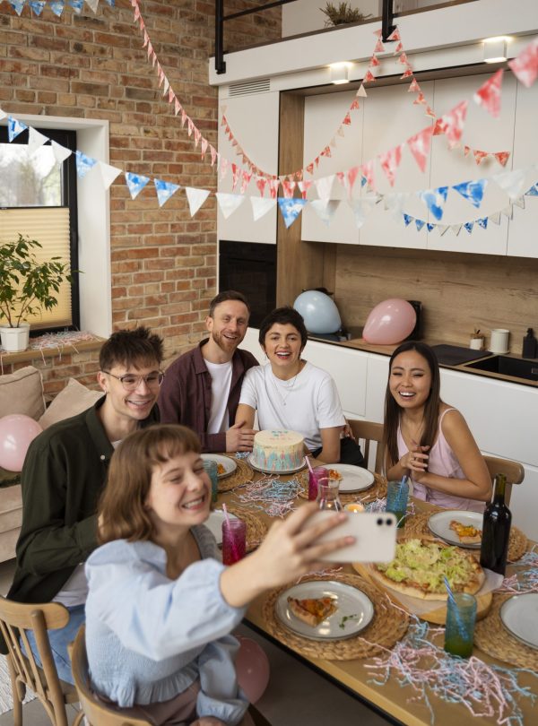 smiley-friends-taking-selfie-high-angle